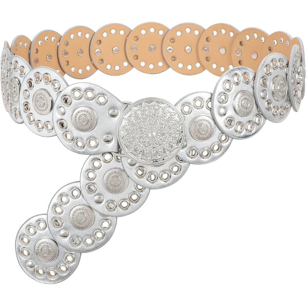 Women Vintage Disc Waist Concho Leather Belt Boho Waist Belt Silver Buckle